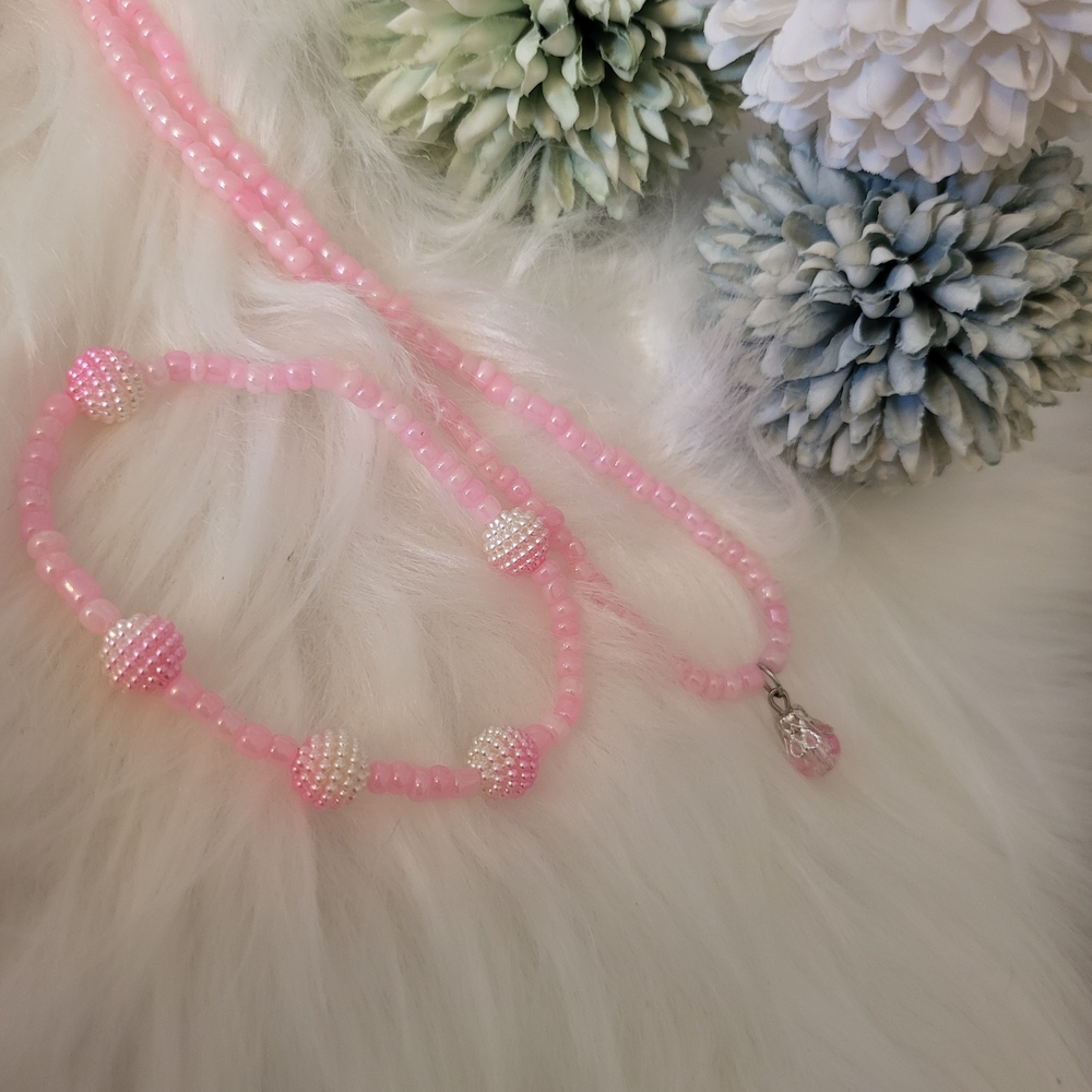 NWT Pink Beaded Necklace and Matching Bracelet Set Sz 20"